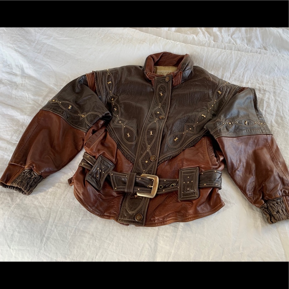 Original Sebastian Western-style leather jacket with gold belt and studs, S